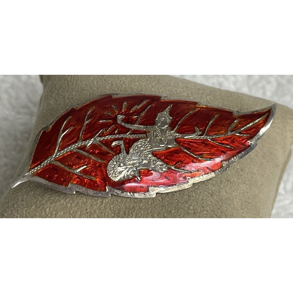 SIAM 925 Sterling Silver  Vintage Enamel Goddess Leaf Brooch Pin Red